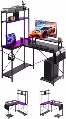 VEVOR Scrivania da Gaming a Forma di L Reversibile con Ripiani e Supporto CPU, Colore Nero, L/P/H: 120 x 90 x 160 cm