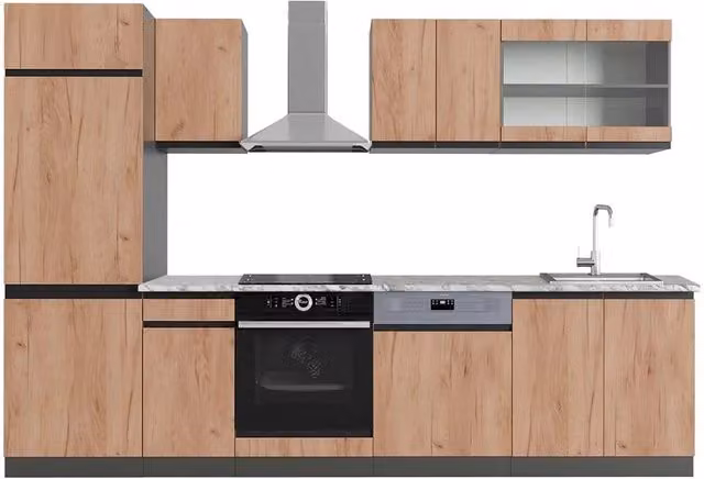 Cucina componibile moderna Vicco R-Line J-Shape in Rovere dorato e Antracite, L: 300 cm