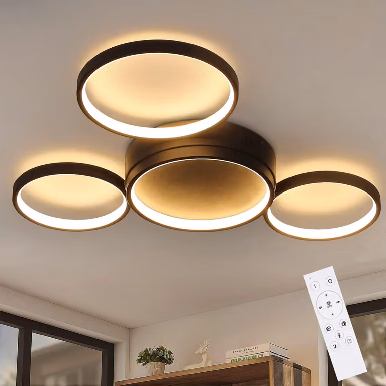 ZMH Plafoniera a LED nera dimmerabile con telecomando Soggiorno Design moderno ad anello 4 fiamme 52W per camera da letto Ufficio Camera dei bambini Sala da pranzo