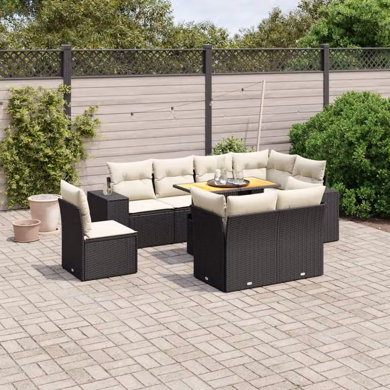 vidaXL Set Divani da Giardino 9 pz in Polyrattan Nero con Cuscini e Tavolino