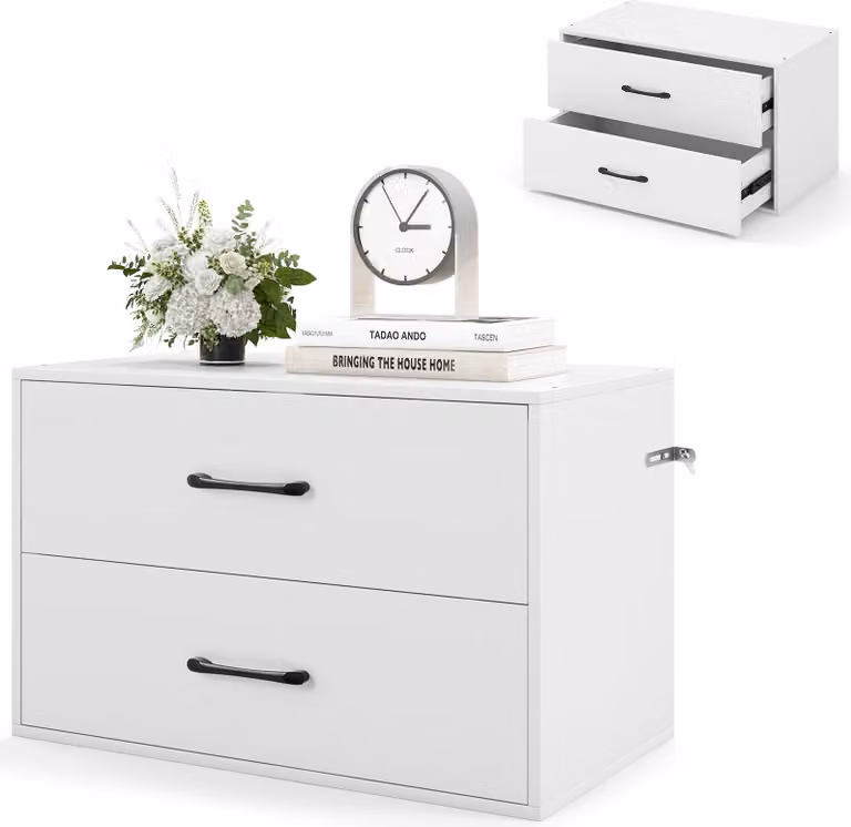 Comodino a 2 cassetti impilabile, contenitore multifunzionale in legno, comodino, cassettiera da camera, mobile portadocumenti laterale, bianco