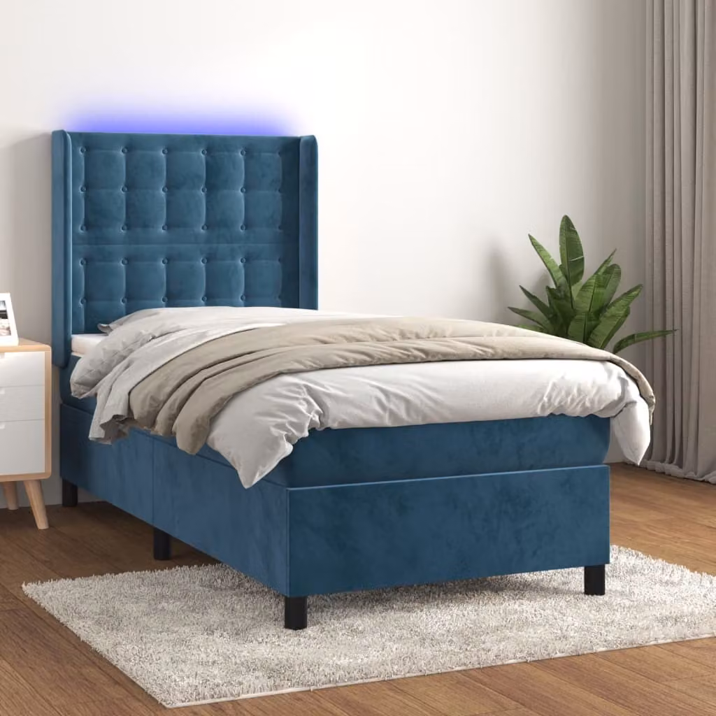 The Living Store Letto a molle con materasso e LED in velluto blu scuro 100x200 cm