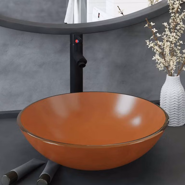 The Living Store Lavandino da bagno con rubinetto e scarico a scomparsa Vetro temperato marrone
