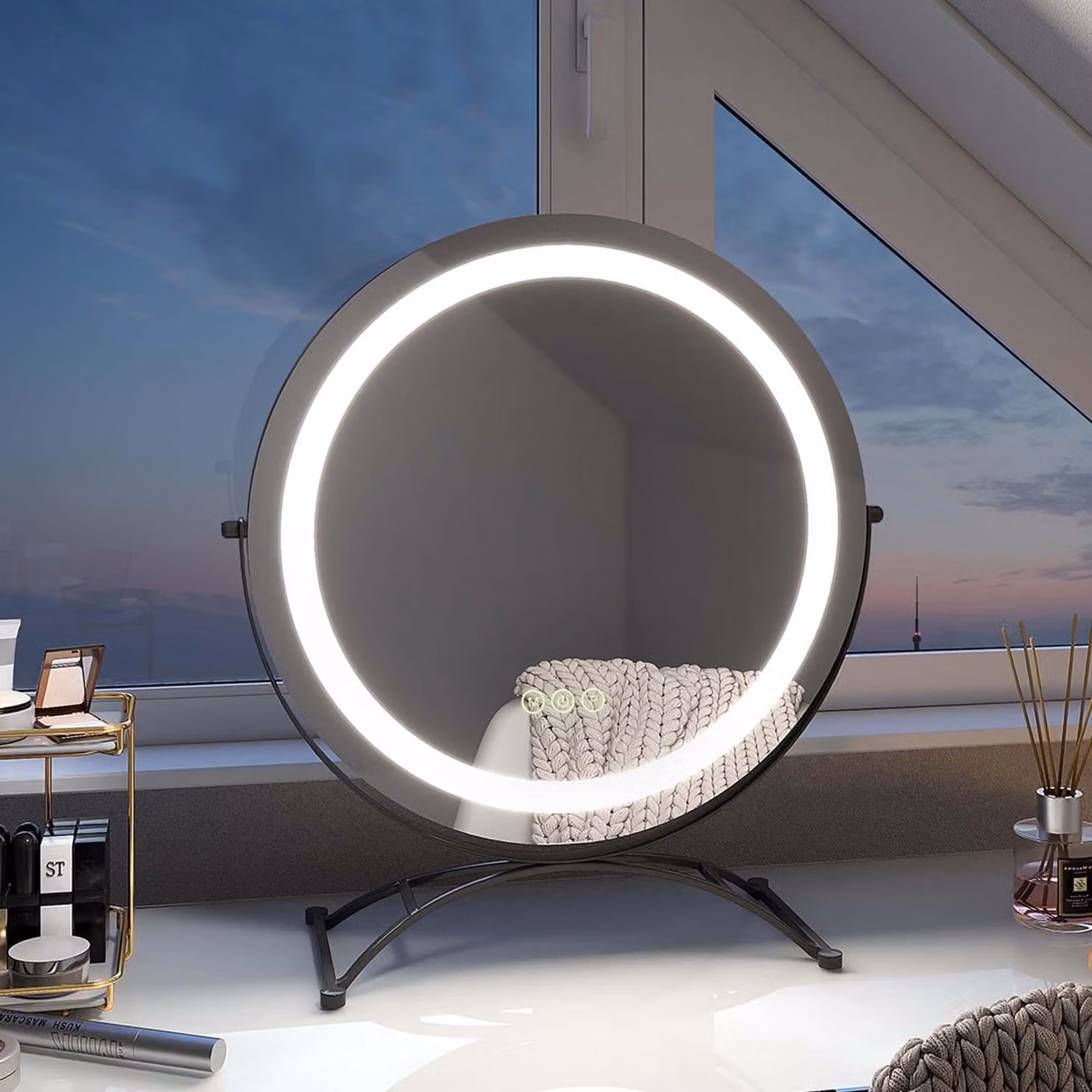 Specchio da trucco EMKE con illuminazione, specchio Hollywood con 3 colori di luce, specchio da trucco smart touch control con luce ruotabile a 360°, luminosità regolabile e funzione di memoria (Φ400mm, nero)