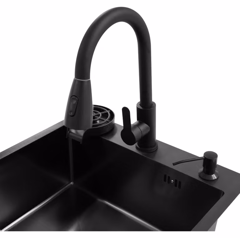 Lavello da cucina in acciaio inossidabile, piano cottura 50x45 cm, nero - Miscelatore estraibile con colonna d'acqua e funzione doccia - Vasca singola - Design moderno - Per installazione a incasso