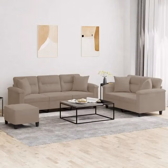 Set di Divani 3 Pezzi vidaXL in Microfibra Beige con Pouf e Cuscini per Soggiorno Moderno – 1