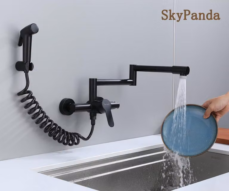 Miscelatore da cucina da montare a parete, girevole a 360°, con controllo dell'acqua calda e fredda, in acciaio inossidabile 304, colore nero, per la cucina