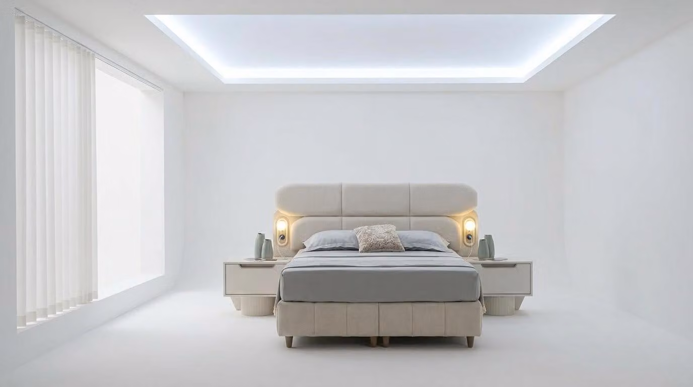 Set per camera da letto: letto, testiera, 2 comodini, design moderno, colore beige, spazioso