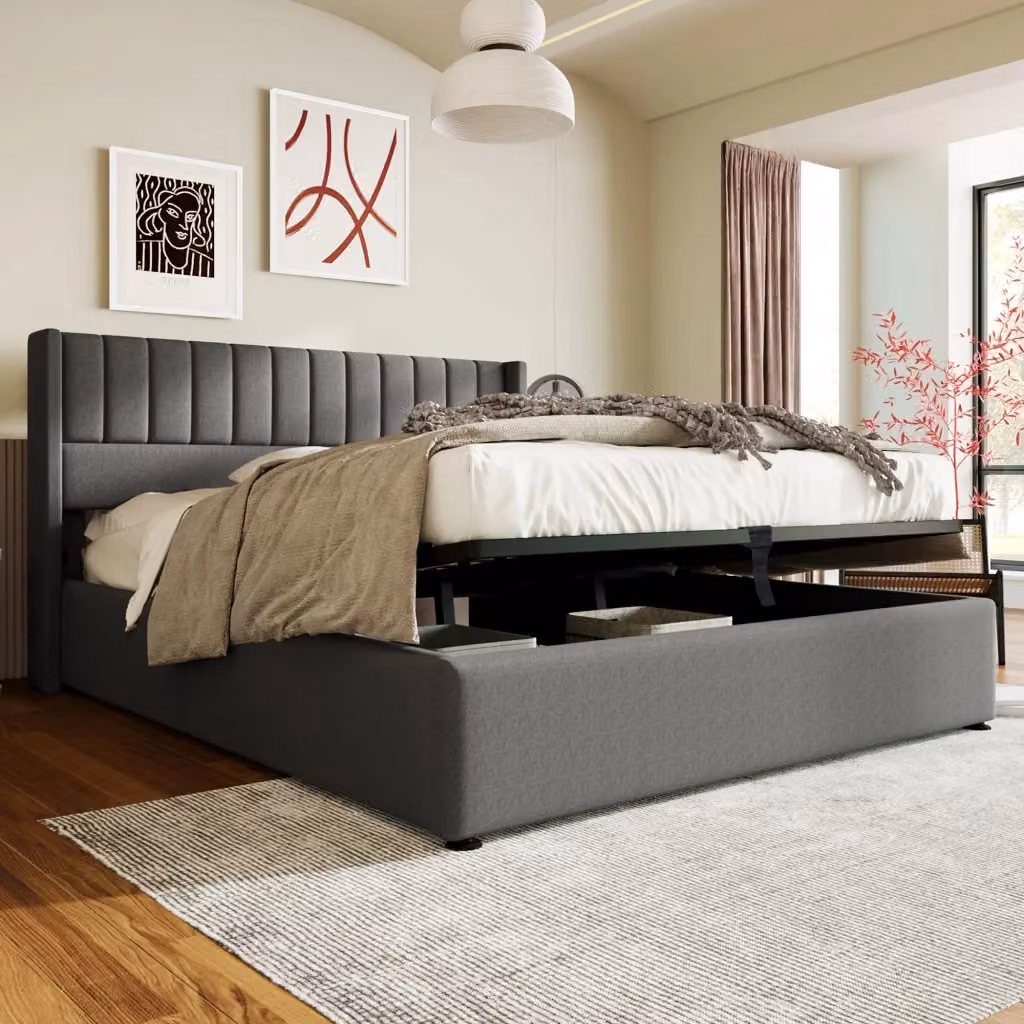 Letto contenitore matrimoniale OKWISH con sollevamento idraulico, rivestimento in tessuto grigio, L/P: 160 x 200 cm – 2