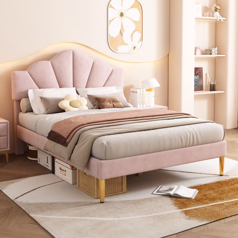 Letto imbottito Sweiko, 140x190 cm, letto matrimoniale, letto a forma di conchiglia con piedi in ferro placcato oro, testata regolabile in altezza, rete a doghe in legno, rosa
