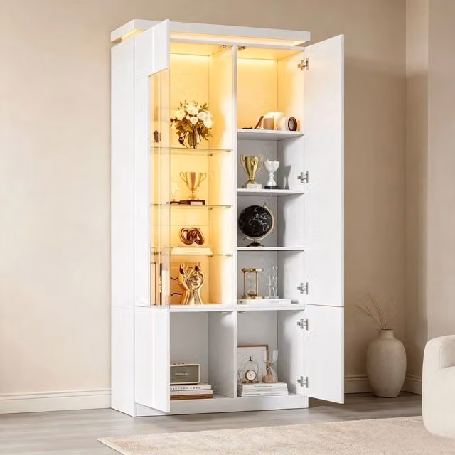 Desviae Vetrina con LED Bluetooth quattro ante e ripiani regolabili in MDF bianco lucido per soggiorno 80 × 35 × 180 cm