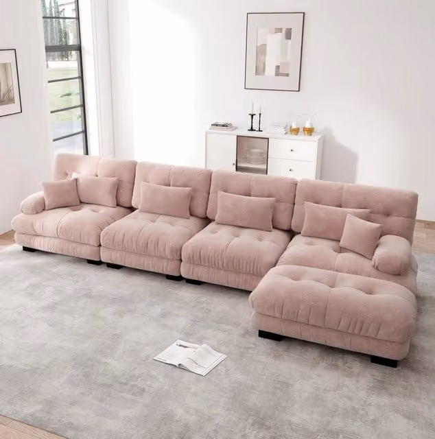 Divano modulare con ottomane mobili in ciniglia rosa