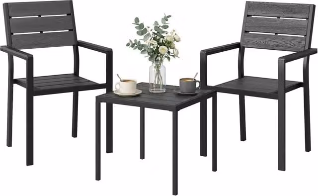 Set Giardino Minimal 3 Pezzi con 2 Sedie e Tavolo in HDPE Effetto Legno Nero per Balcone e Terrazzo – 1
