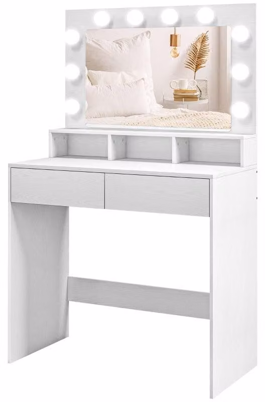 Comò da trucco con specchio e illuminazione tipo Hollywood | Colore: Bianco | Dimensioni: 80x40x135 cm