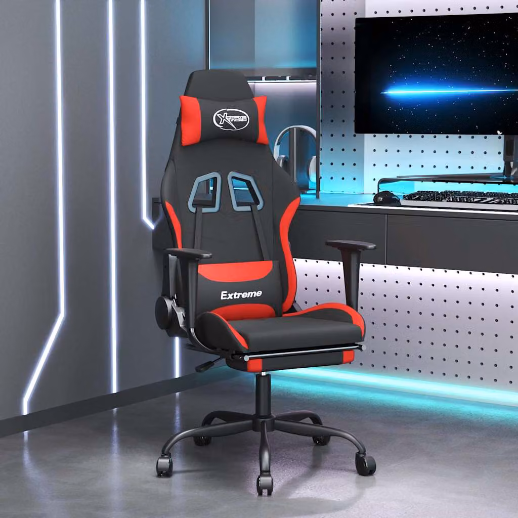 Sedia da Gaming vidaXL con Massaggio e Poggiapiedi in Tessuto, Nero e Rosso