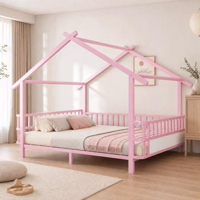 Letto per bambini a casetta 140 × 200 cm con barriera di sicurezza e tetto decorativo, senza materasso, rosa