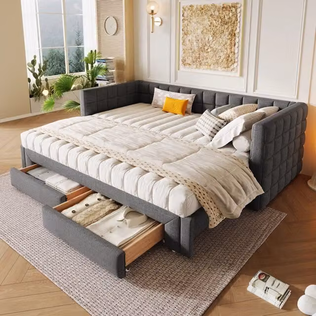 Letto singolo estraibile 90 × 200 cm in velluto grigio con schienale quadrato e due cassetti