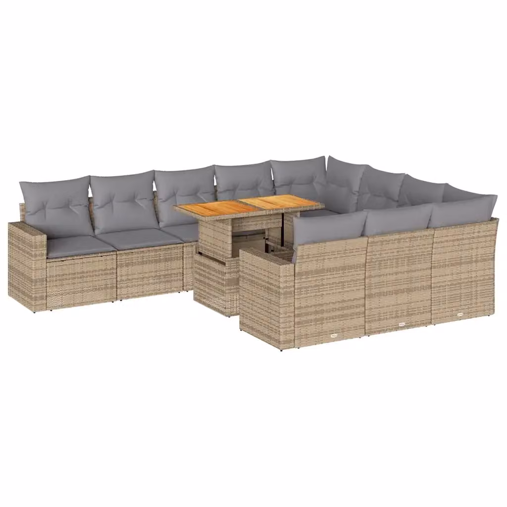 Set di divani da giardino vidaXL in polyrattan e legno di acacia oliato con 11 pezzi e cuscini beige e grigi – 2