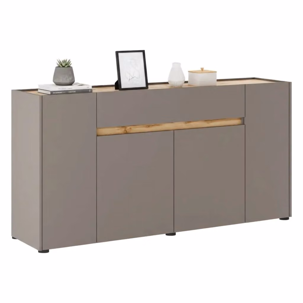Madia Cirimido DMORA, Credenza moderna in legno con 3 ripiani, Grigio Tortora, L: 170 cm, P: 40 cm, H: 85 cm – 2