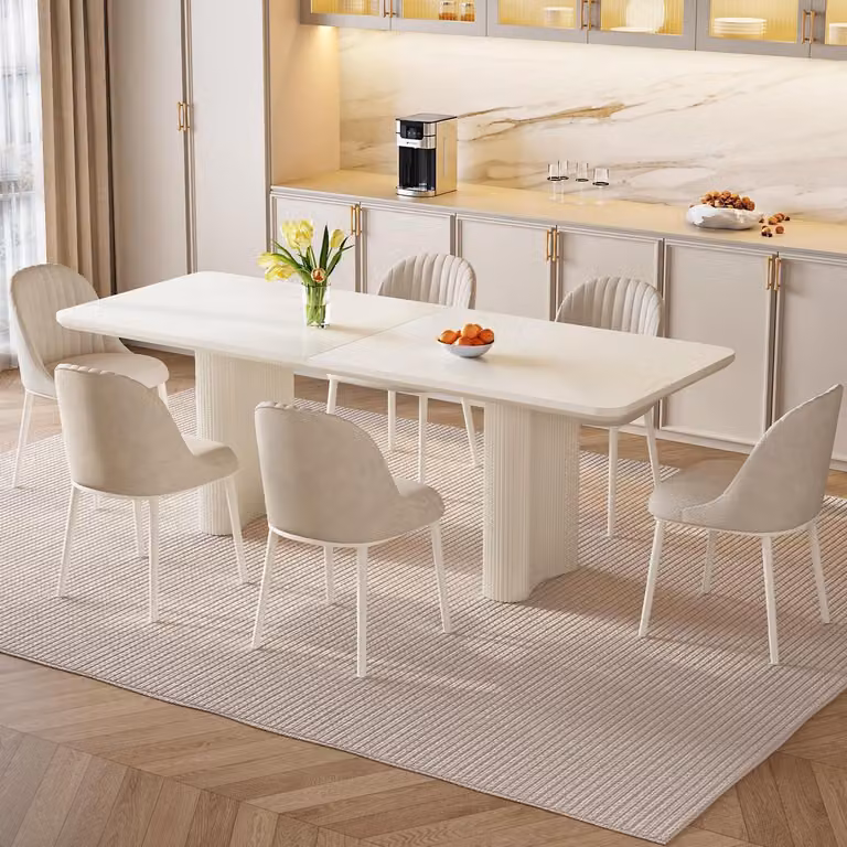 Tavolo da pranzo con 6 sedie, 200 cm di lunghezza, colore crema, angoli arrotondati, struttura stabile