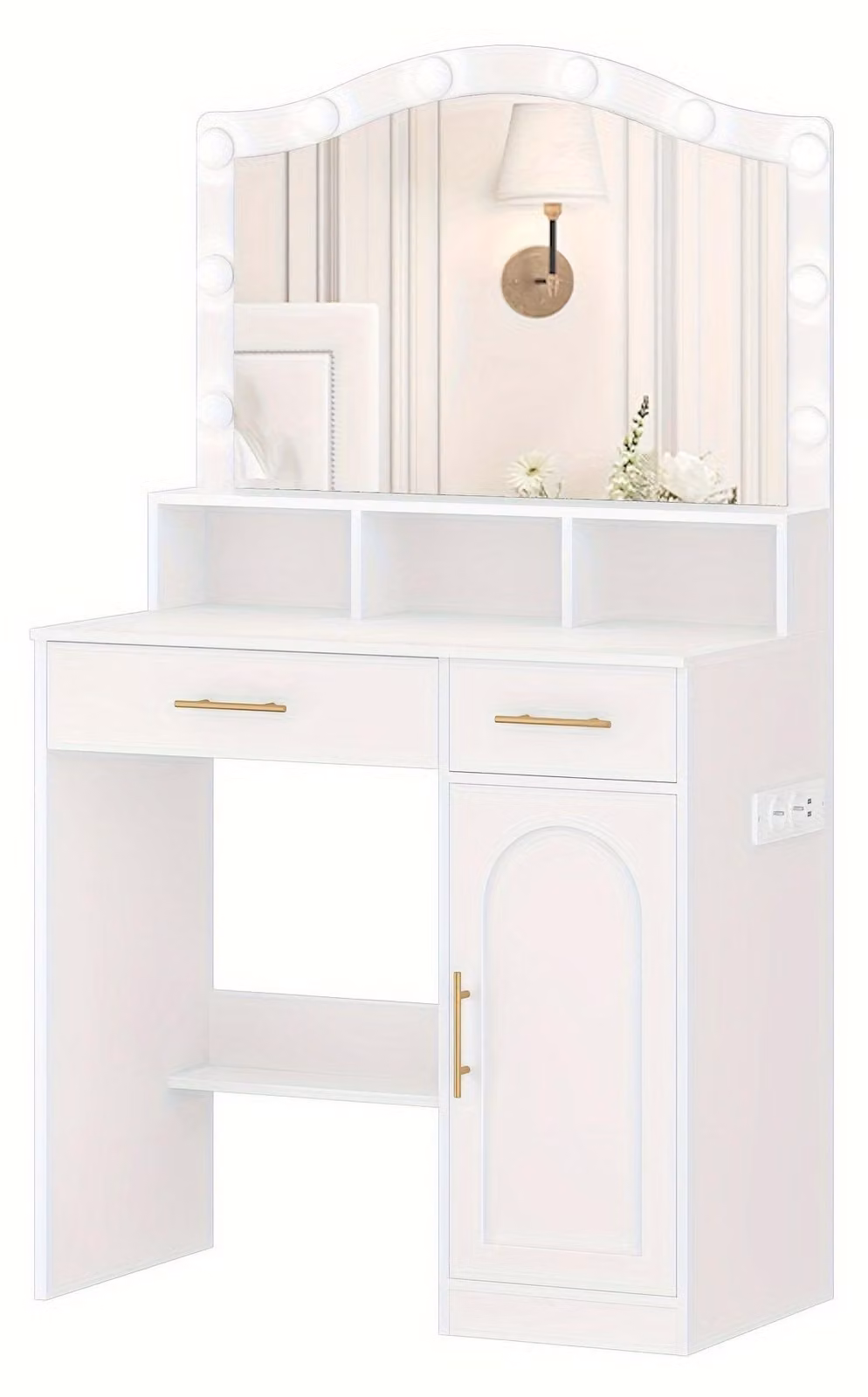 Tavolino da trucco - Comodino da trucco - Tavolino per cosmetici - Specchiera da trucco - Tavolino per il trucco - Bianco - Illuminazione a LED - Base di ricarica