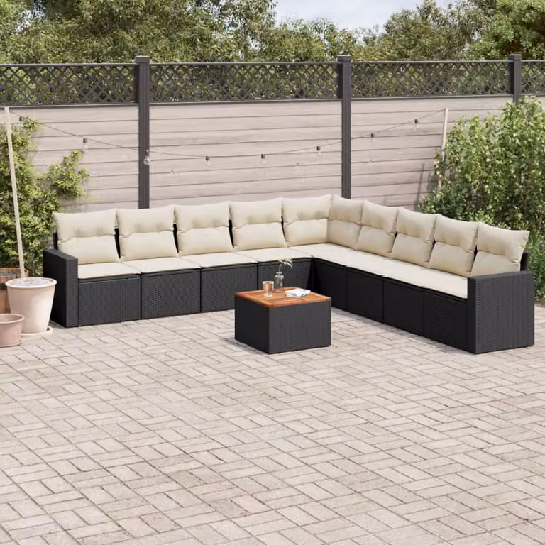 Set di divani da giardino vidaXL in polyrattan nero con cuscini e tavolino da esterno
