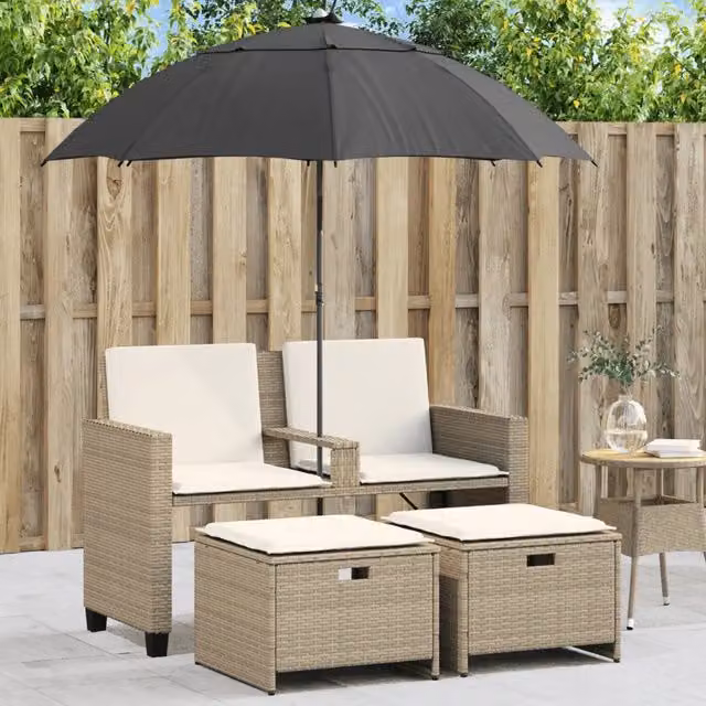 Divano Giardino 2 Posti-Sofa da Giardino-Divanetto da esterno Ombrellone e Sgabelli Beige Polyrattan 714239