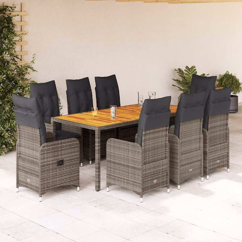 Set Bistrò da Giardino vidaXL in Polyrattan e Legno di Acacia Grigio con 9 Pezzi e Cuscini