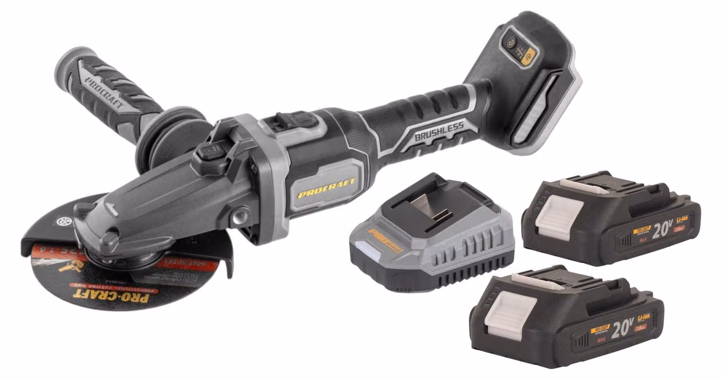 Procraft Industrial AG125Cbb Smerigliatrice angolare a testa piatta con batteria 20 V 125 mm Brushless + 2x batteria 2,0 Ah + caricabatteria
