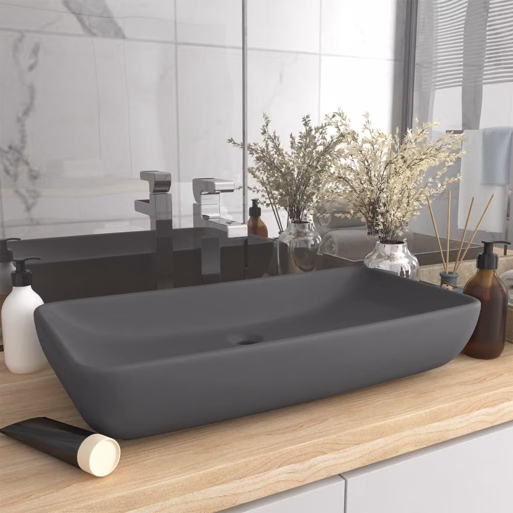The Living Store Lavabo Rettangolare Grigio scuro opaco 71x38 cm Vetroceramica