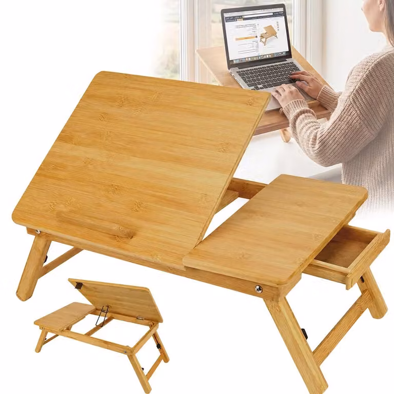 Supporto per laptop - Tavolino pieghevole - Regolabile in altezza - Con cassetto - In legno - Rettangolare - Adatto per letto e divano