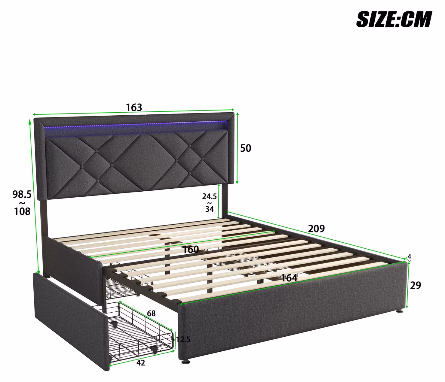Letto matrimoniale imbottito con quattro cassetti contenitori e testiera con porte USB e illuminazione LED
