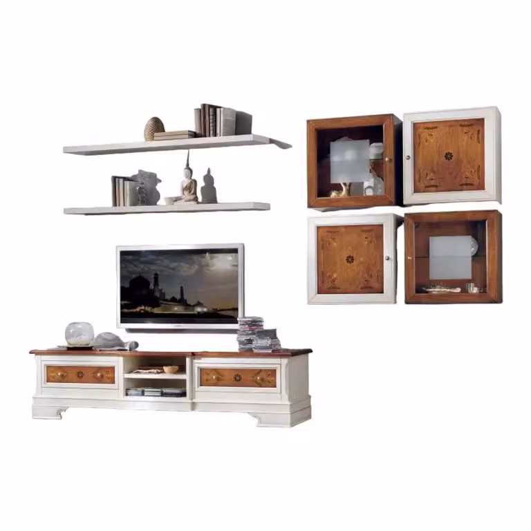 Parete attrezzata classica porta TV in legno stile shabby chic bicolore bianco e marrone Mobili 2G L: 200 cm, H: 96 cm, P: 52 cm