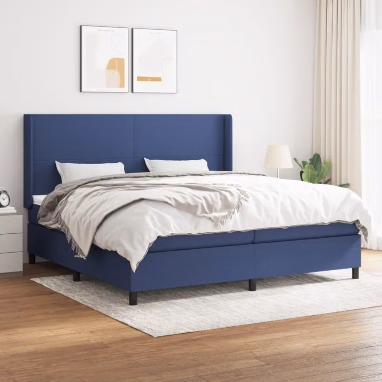 The Living Store Letto a molle con materasso blu 200x200 cm in tessuto