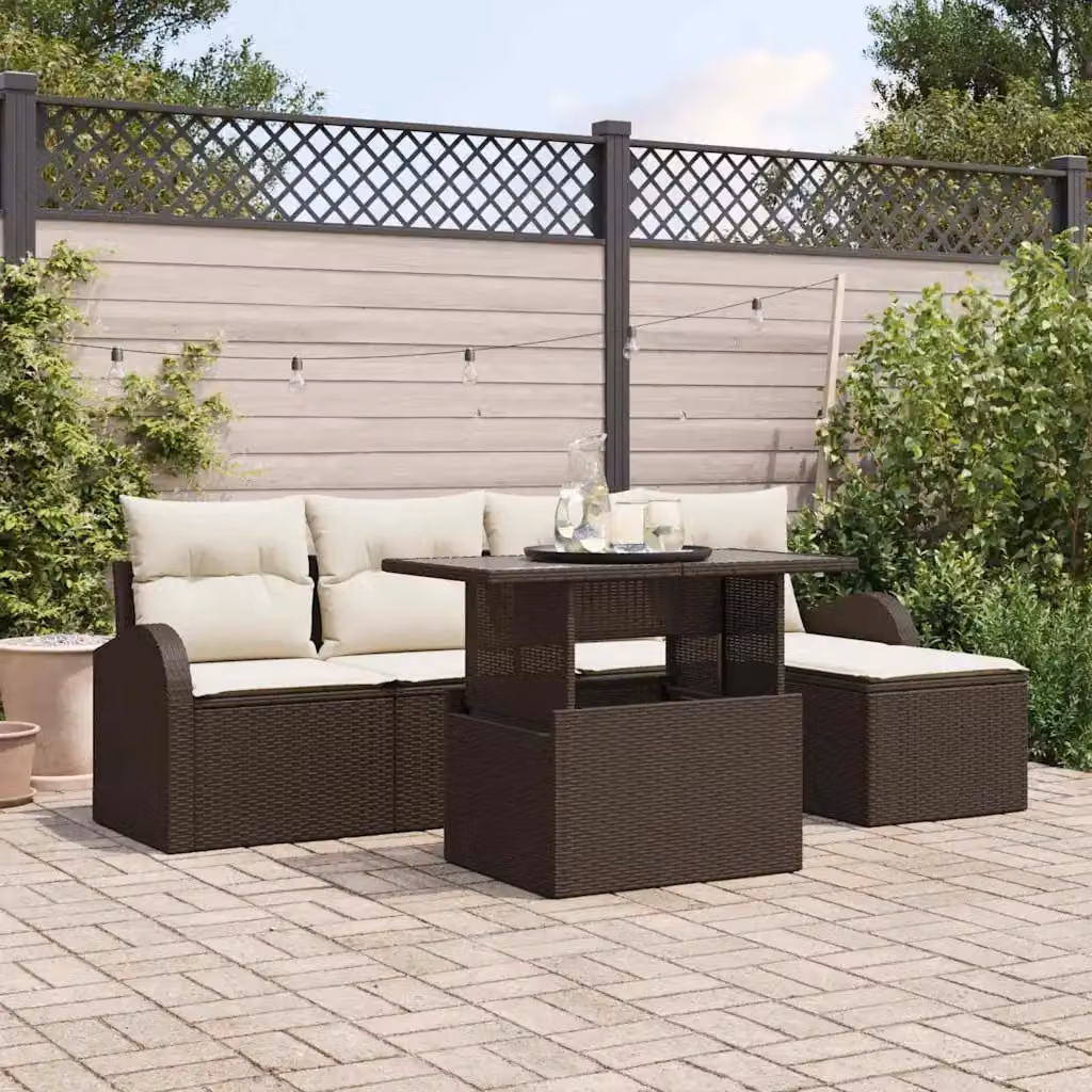 Set Divano da Giardino vidaXL 6 pz in Polyrattan Marrone con Cuscini e Tavolino – 1