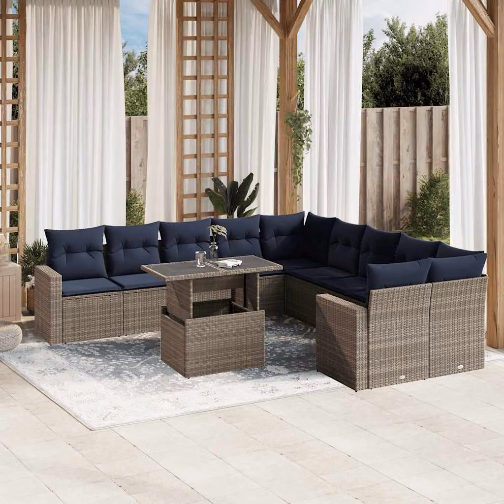 vidaXL Set Divani da Giardino 11 pz in Polyrattan con Cuscini e Tavolino da Esterno, Colore Grigio e Blu