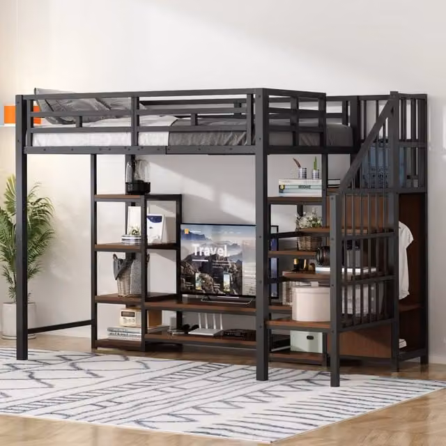 Letto a soppalco 90x200 cm con supporto TV e presa; nero