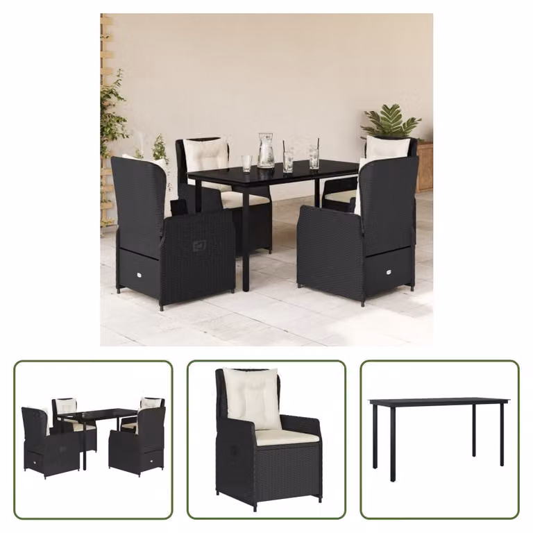 The Living Store Set da pranzo da giardino 5 pezzi con cuscini in poly rattan nero