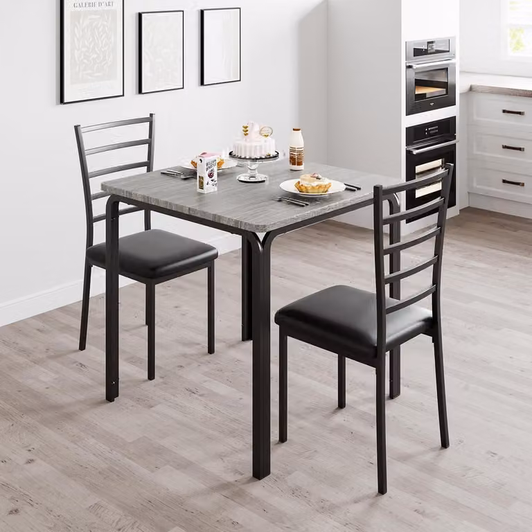 Set da pranzo componibile, composto da un tavolo quadrato e 2 sedie, salvaspazio, con sedute imbottite, angoli arrotondati, colore grigio
