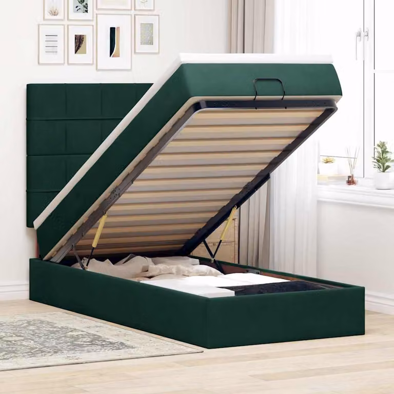 vidaXL Struttura Letto con Materasso in Velluto Verde e Bianco con Contenitore a Sollevamento, L/P/H: 193 x 90 x 140 cm