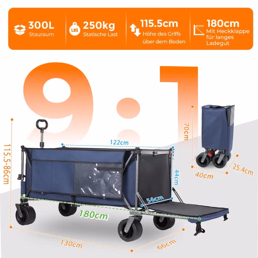 Carrello pieghevole WISHDOR in metallo con sponda posteriore estensibile, blu, 180 cm – 2