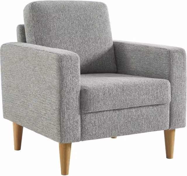 Poltrona lounge Sweeek in legno e tessuto grigio con braccioli in stile scandinavo
