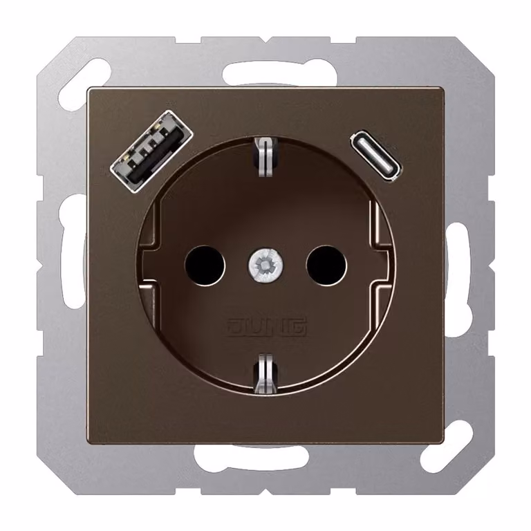 Presa Jung SCHUKO da 16 A 250 V ~, con caricatore USB 1 x tipo A + 1 x tipo C, protezione integrata contro le scosse elettriche, serie A, color moka A1520-15CAMO