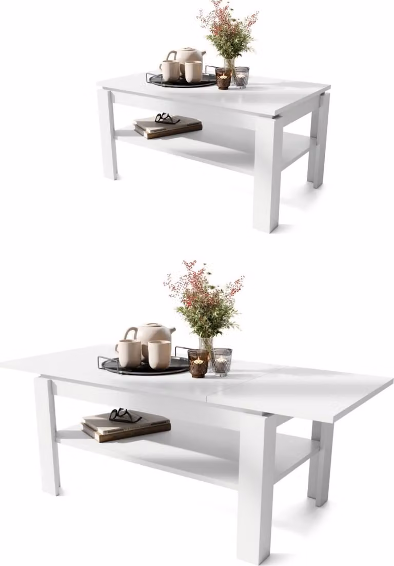 Tavolino All4All Asti, R, tavolino da salotto, tavolino da caffè, tavolino con vano portaoggetti, tavolino da divano con ripiano, allungabile fino a 140 cm, 100x60 cm, Bianco 05