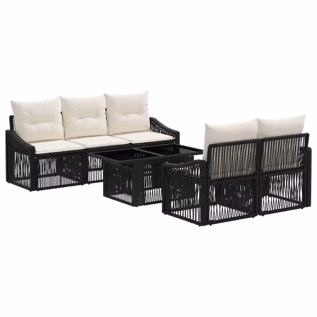 Set Divano da Giardino a L con Polyrattan e Cuscini vidaXL, Nero e Bianco Crema, 6 Pezzi – 2
