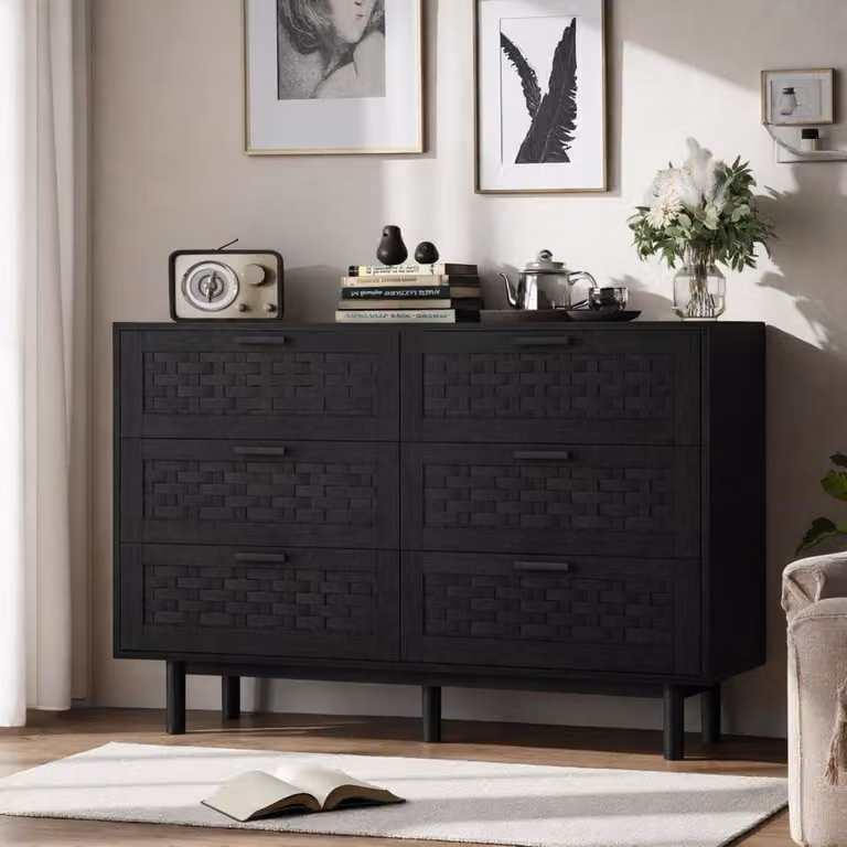 Comodino con 6 cassetti, aspetto rattan, legno nero