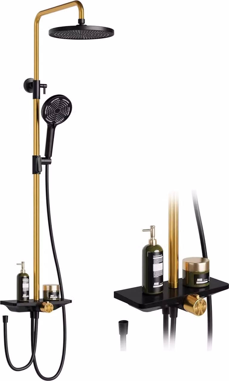 Sistema doccia senza rubinetto - Set doccia a pioggia a parete - Regolabile in altezza - Soffione rotondo - Acciaio inossidabile - Con ripiano - Con bocca di erogazione - Oro/Nero
