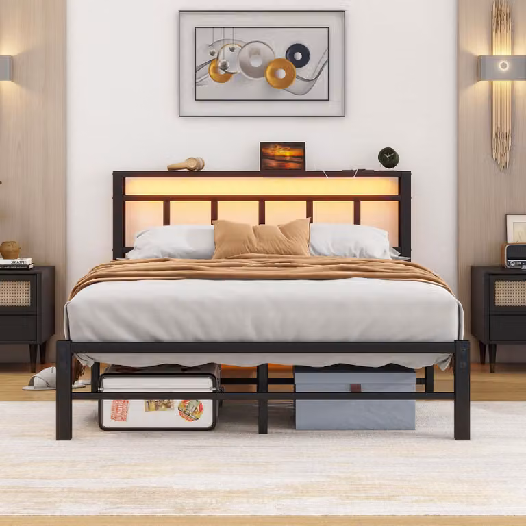 Letto matrimoniale in metallo, dimensioni 120x200 cm, con illuminazione a LED, prese USB e presa di corrente, colore nero