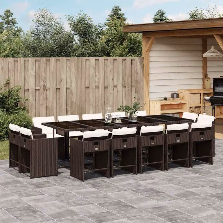 vidaXL Set da Pranzo da Giardino 15 pz in Polyrattan Marrone con Cuscini e Tavolo in Vetro