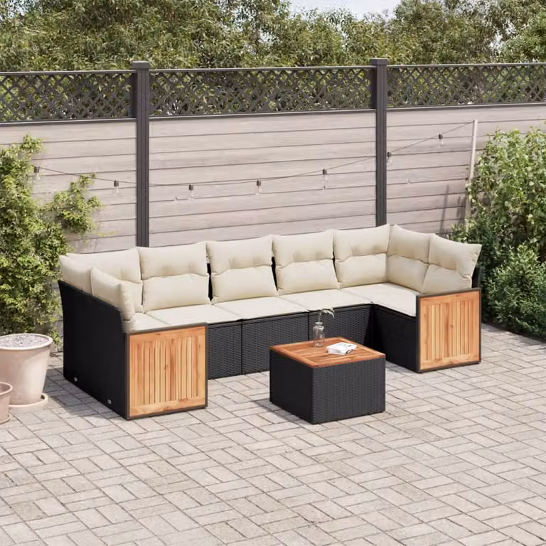 Set di divani da giardino vidaXL in polyrattan nero con 8 pezzi e cuscini inclusi